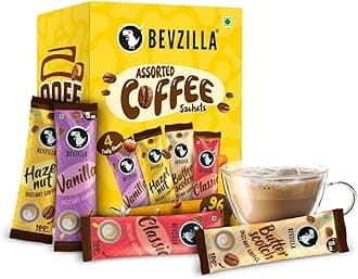 - Bevzilla 96 Instant Coffee Powder Sachets(4 Flavours) - 192 Grams | Hazelnut, Classic, Vanilla & Butterscotch | 24 pouches Each Flavour | Arabica Coffee | for Espresso, Latte,Cappuccino | Hot & Cold Brews