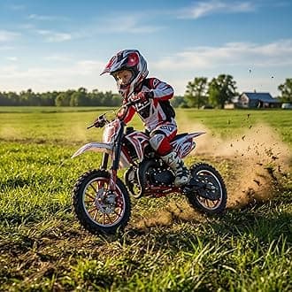 Gas Dirt Bike Kids 50cc, Gas Dirt Bikes for Kids 8-14, 2-Stroke Gas Motorcycle with Front Rear Disc Brakes, Kids Motorcycle with Off-Road Tires, Shock Absorption Springs, Soft Seat Cushion